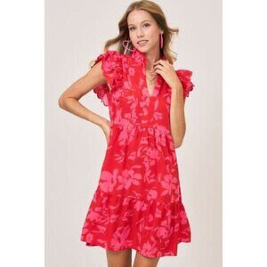 Umgee Full Size Two Tone Floral Print Ruffle Cap Sleeve Mini Dress
